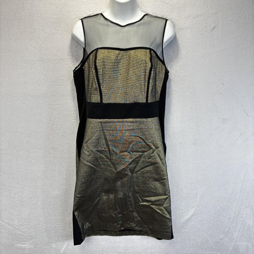 Boston Proper Gold Mesh Sheath Dress Womens 12 Metallic Party Stretch Holiday